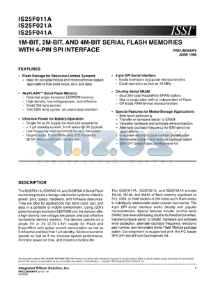 IS25F011A-3V-R datasheet - 1M-bit serial flash memories with 4-pin spi interface