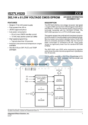 IS27LV020-90W datasheet - 262,114 x 8 low voltage CMOS eprom