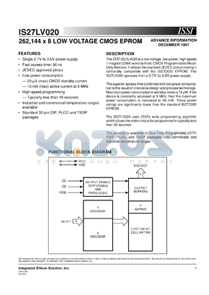 IS27LV020-12W datasheet - 262,114 x 8 low voltage CMOS eprom