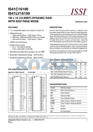 IS41C16100-60KE datasheet - 5V  1M x 16(16-MBIT) dynamic RAM with edo page mode