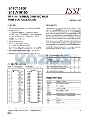 IS41LV16100-50KE datasheet - 3.3V  1M x 16(16-MBIT) dynamic RAM with edo page mode