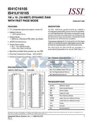 IS41LV16105-60KE datasheet - 3.3V  1M x 16(16-MBIT) dynamic RAM with fast page mode