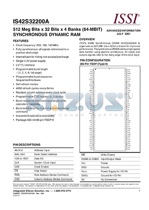 IS42S32200A-5T datasheet - 512M bits x 32 bits x 4 banks(64-MBIT)synchronous graphics RAM