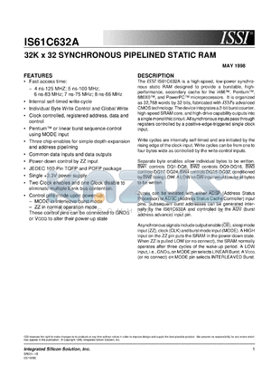 IS61C632A-7TQI datasheet - 32K x 32 synchronous pipelined static RAM