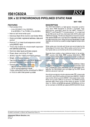 IS61C632A-7PQI datasheet - 32K x 32 synchronous pipelined static RAM