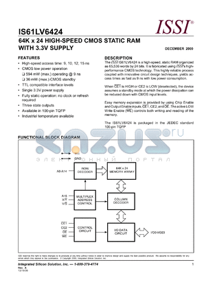 IS61LV6424-10TQI datasheet - 64K x 24 high-speed CMOS  static RAM with 3.3V supply