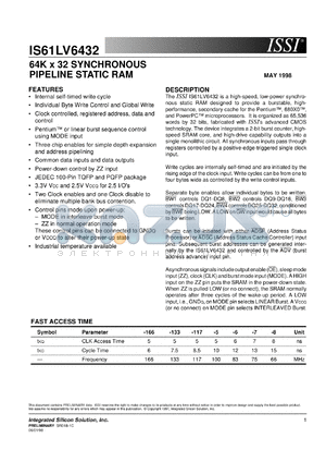 IS61LV6432-177TQ datasheet - 64K x 32 synchronous pipeline static RAM