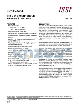 IS61LV6464-7TQI datasheet - 64K x 64 synchronous pipeline static RAM