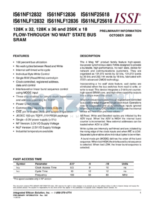 IS61NLF25618-10TQ datasheet - 256K x 18 flow-through no wait state bus sram