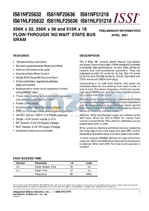 IS61NLF25636-10B datasheet - 256K x 32 flow-through no wait state bus sram