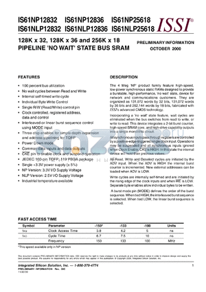 IS61NP25618-5TQI datasheet - 256K x 18 pipeline no wait state bus sram