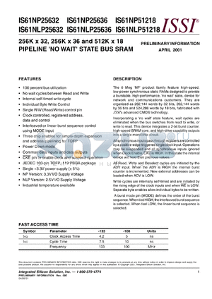 IS61NLP25632-5TQI datasheet - 256K x 32 pipeline no wait state bus sram