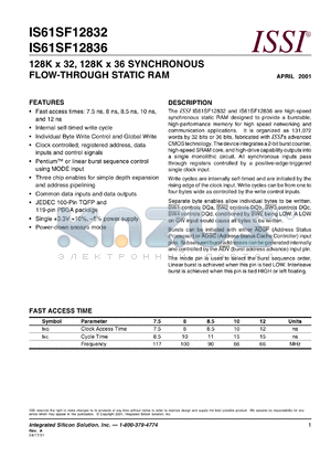 IS61SF12836-8.5TQ datasheet - 128K x 36 synchronous flow-through static RAM