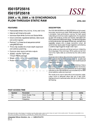 IS61SF25618-8.5B datasheet - 256K x 18 synchronous flow-through static RAM