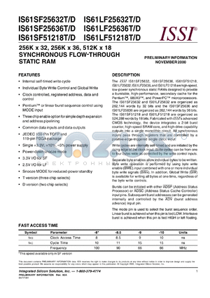 IS61SF25636D-8TQ datasheet - 256K x 36 synchronous flow-through static RAM