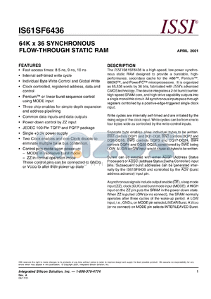 IS61SF6436-10PQ datasheet - 64K x 36 synchronous flow-through static RAM