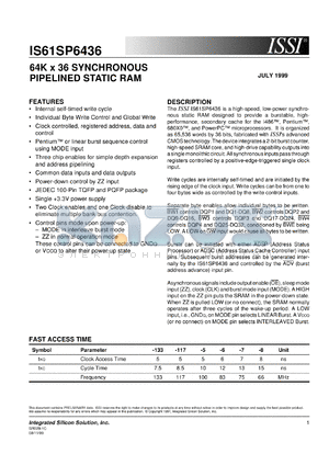 IS61SP6436-117TQI datasheet - 64K x 36 synchronous pipelined static RAM
