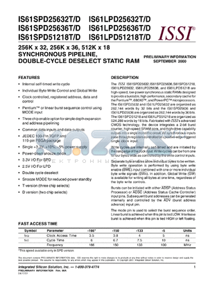 IS61SPD25636D-166TQ datasheet - 256K x 36 synchronous pipeline, double-cycle deselect  static RAM