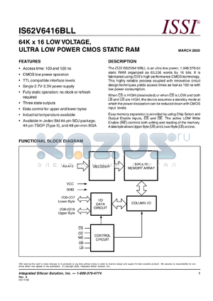 IS62V6416BLL-10T datasheet - 128K x 16  low voltage, ultra low power CMOS static RAM