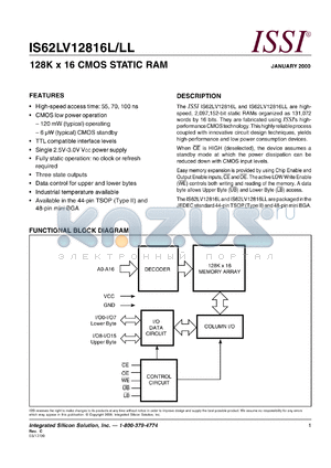 IS62LV12816LL-10TI datasheet - 128K x 16 CMOS static RAM