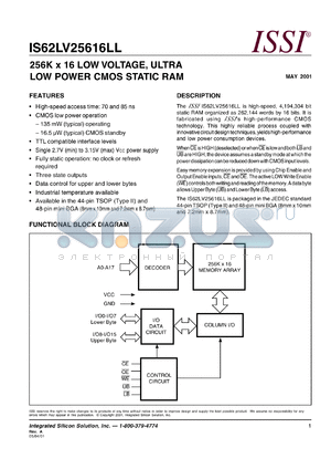 IS62LV25616LL-70TI datasheet - 256K x 16 low voltage, ultra low power CMOS static RAM