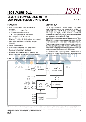 IS62LV25616LL-85MI datasheet - 256K x 16 low voltage, ultra low power CMOS static RAM