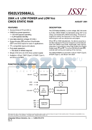 IS62LV2568ALL-85T datasheet - 256K x 16 low power and low Vcc CMOS static RAM