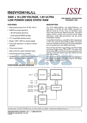 IS62VV25616L-70T datasheet - 256K x 16 low voltage, 1.8V ultra-low power CMOS static RAM