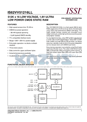 IS62VV51216LL-85MI datasheet - 512K x 16 low voltage, 1.8V ultra-low power CMOS static RAM