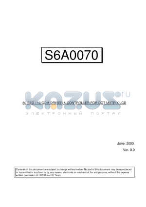 S6A1070 datasheet - 16com/80seg driver & controller for dot matrix LCD, mirror type pad configuration