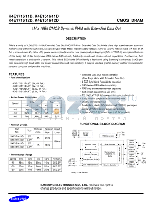 K4E151612D-J datasheet - 1M x 16 bit CMOS dynamic RAM with extended data out. Supply voltage 3.3V, 1K refresh cycle.