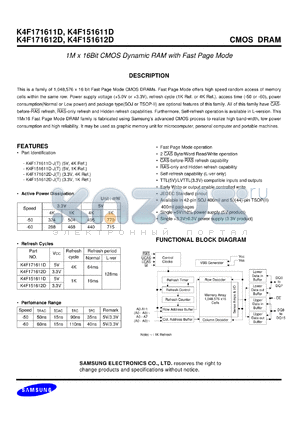 K4F151612D-T datasheet - 1M x 16 bit CMOS dynamic RAM with fast page mode. Supply voltage 3.3V, 1K refresh cycle.