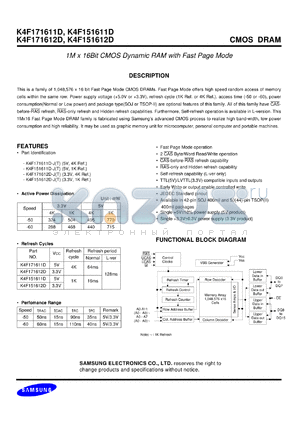 K4F171611D-T datasheet - 1M x 16 bit CMOS dynamic RAM with fast page mode. Supply voltage 5V, 4K refresh cycle.