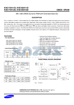 K4E170411D-F datasheet - 4M x 4 bit CMOS dynamic RAM with extended data out. Supply voltage 5V, 4K refresh cycle.