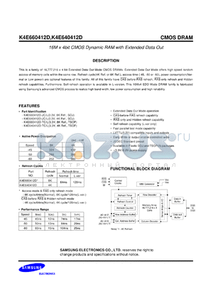 K4E660412D-JC/L datasheet - 16M x 4 bit CMOS dynamic RAM with extended data out. 3.3V, 8K refresh cycle.