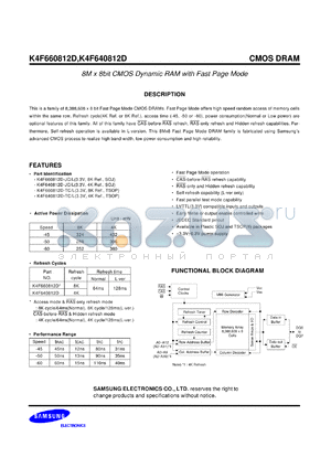 K4F640812D-TC/L datasheet - 8M x 8bit CMOS dynamic RAM with fast page mode. 3.3V, 4K refresh cycle.