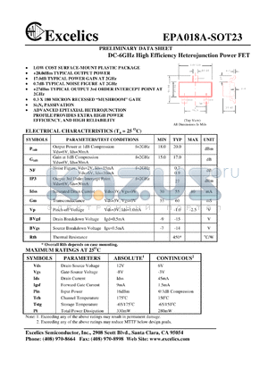 EPA018A-SOT23 datasheet - DC-6 GHz, 6-12V high efficiency heterojunction power FET