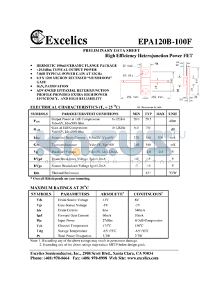 EPA120B-100F datasheet - 8-12V high efficiency heterojunction power FET