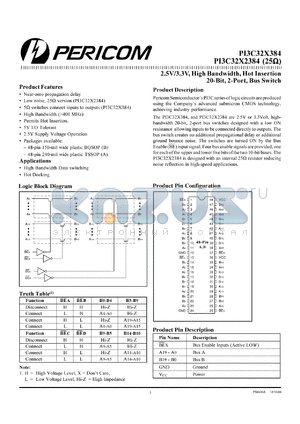 PI3C32X384A datasheet - 2.5/3.3V, high bandwidth, hot insertion 20-bit, 2-port bus switch