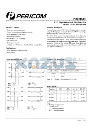 PI3C34X484NB datasheet - 3.3V, high bandwidth, hot insertion 40-bit, 2-port bus switch