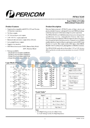 PI74LCX245S datasheet - Fast CMOS 3.3V 8-bit buffer/line driver