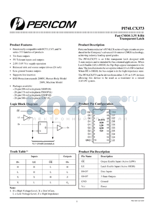 PI74LCX373Q datasheet - Fast CMOS 3.3V 8-bit transparent latch