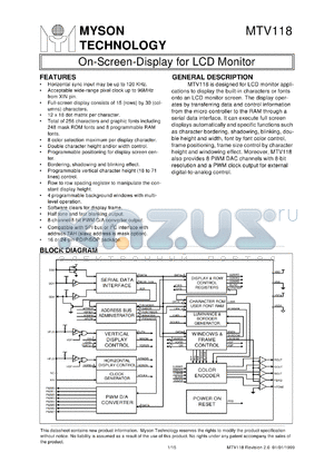 MTV118N24 datasheet - On-screen-display controller for LCD monitor
