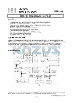 MTD492V datasheet - Coaxial transceiver interface