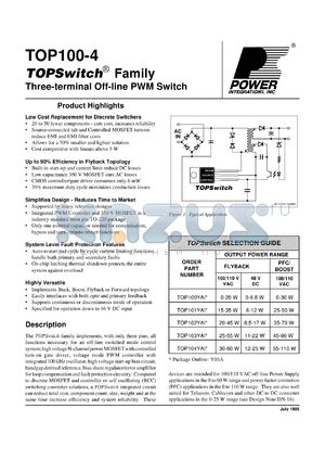 TOP102YAI datasheet - Three-terminal off-line PWM switch
