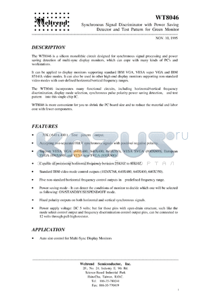 WT8046N24P3 datasheet - Synchronous signal discriminator and power saving detector and test pattern for green monitor