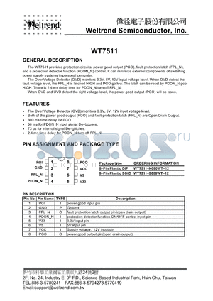 WT7511-N08WT-12 datasheet - The WT7511 provides protection circuits, power good output (PGO)