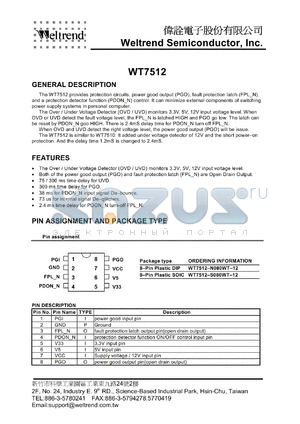 WT7512-S08WT-12 datasheet - The WT7512 provides protection circuits, power good output (PGO)