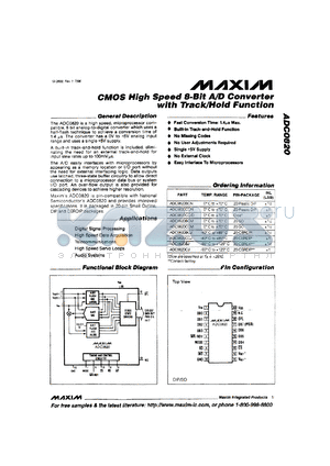 ADC0820BCN datasheet - CMOS high speed 8-bit A/D converter with track/hold function. INL(LSB) +-1/2