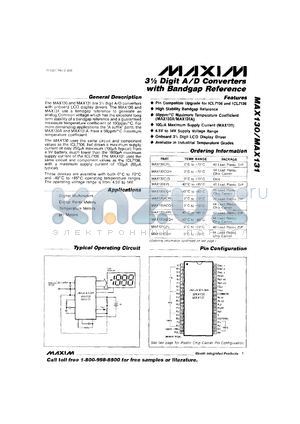 MAX131EQH datasheet - 3 1/2 Digit A/D converter with bandgap reference